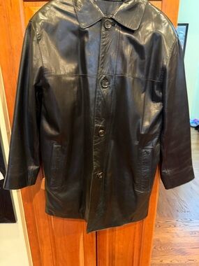 Andrew Marc Black Leather Trench Coat Removable Cashmere Blend Lining